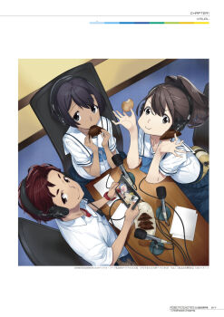 1boy 2girls :t ahoge belt_pouch black_hair blue_bow bow brown_eyes brown_hair chair chest_bow chewing chuo_tanegashima_high_school_uniform collarbone collared_shirt cookie crop_top crumbs daitoku_junna dark-skinned_female dark_skin desk eating elbows_on_table food food_in_mouth from_above fukuda_tomonori furrowed_brow grey_eyes hair_bun headphones highres holding holding_food holding_tablet_pc indoors long_hair looking_at_viewer looking_up microphone miniskirt multiple_girls official_art open_collar paper plate pleated_skirt pouch radio red_eyes red_hair robotics;notes school_uniform science_adventure screen senomiya_akiho serafuku shirt short_hair short_sleeves skirt smile studio t-shirt tablet_pc watch white_shirt wide-eyed wristwatch yashio_kaito