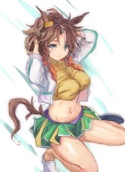 1girl animal_ears asymmetrical_footwear belt blue_eyes breasts brown_hair commentary_request crop_top cropped_jacket fur-trimmed_jacket fur_trim green_skirt hair_between_eyes horse_ears horse_girl horse_tail jacket large_breasts long_hair long_sleeves looking_at_viewer mejiro_palmer_(line_breakthrough)_(umamusume) mejiro_palmer_(umamusume) midriff mismatched_footwear multicolored_hair navel parted_lips ponytail purple_belt shirt skirt stomach streaked_hair tail umamusume white_hair white_jacket yanagi_wakana yellow_shirt