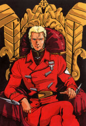Rule 34 | 1990s (style), 1boy, absurdres, bad end, belt, blonde hair, char&#039;s counterattack, char aznable, commentary, english commentary, gundam, highres, insignia, looking at viewer, medal, mikimoto haruhiko, military, military uniform, mullet, neo zeon, retro artstyle, scan, science fiction, throne, traditional media, uniform