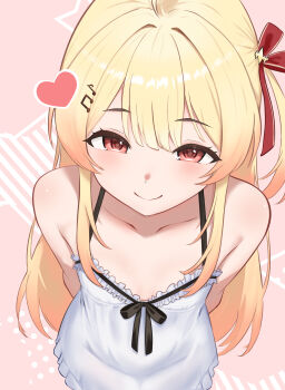 1girl blonde_hair collarbone dress flat_chest heart highres hololive hommula long_hair looking_at_viewer one_side_up otonose_kanade sleeveless sleeveless_dress smile solo virtual_youtuber white_dress