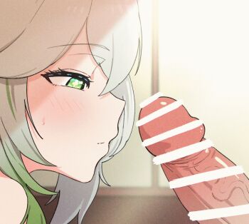 1boy 1girl animated animated_gif bar_censor blush censored closed_eyes doroshe_(sdpw8474) erection fellatio genshin_impact green_eyes half-closed_eyes kiss kissing_penis licking licking_penis loli long_hair multicolored_hair nahida_(genshin_impact) oral penis saliva two-tone_hair veins veiny_penis