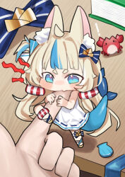 ! 1girl 1other absurdres ahoge animal animal_ear_fluff animal_ears anklet bare_arms biting biting_another&#039;s_finger biting_finger blonde_hair blue_bow blue_eyes blue_streaks blue_tail blush book bow cat_ears closed_mouth crab desk dress fins fish_girl fish_tail hair_bow hair_ornament highres hikimayu indie_virtual_youtuber jewelry kaniki_(sameko_saba) leg_lock lifebuoy_hair_ornament lifted_by_tail long_hair looking_down low_twintails mini_person minigirl mucheng multicolored_hair on_desk one_side_up pov pov_hands sameko_saba sandals seashell shell short_dress short_eyebrows shout_lines sitting size_difference sleeveless sleeveless_dress standing standing_on_one_leg streaked_hair tail tail_raised thigh_strap twintails unworn_bow unworn_hair_bow unworn_hair_ornament virtual_youtuber white_dress yurie_mouth