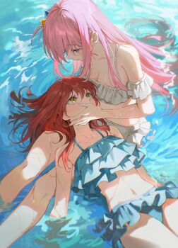 2girls absurdres bikini blue_bikini blue_eyes bocchi_the_rock! breasts cleavage collarbone commentary_request cube_hair_ornament frilled_bikini frills gotoh_hitori hair_between_eyes hair_ornament highres kita_ikuyo lap_pillow long_hair multiple_girls one_side_up pink_hair pong_(pong_o0) sidelocks swimsuit water white_bikini yellow_eyes yuri