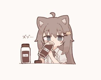 Rule 34 | 1girl, ahoge, animal ear fluff, animal ears, biachan (colon br), black bow, black bowtie, blue eyes, blush stickers, bottle, bow, bowtie, brown hair, cat ears, cat girl, cat hair ornament, chibi, chibi only, collared shirt, colon br, commentary, cropped torso, drinking, hair ornament, hairclip, highres, holding, holding bottle, long hair, looking at viewer, original, parallel hairclips, shirt, short sleeves, sidelocks, simple background, solo, symbol-only commentary, white background, white shirt