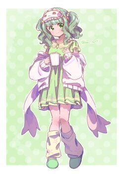 Rule 34 | 1girl, beads, blunt bangs, blush, border, buttons, closed mouth, collared dress, commentary request, cup, dress, floral print, full body, futaba sana, futaba sana (roomwear costume), green background, green dress, green eyes, green hair, green slippers, hair beads, hair ornament, hands up, highres, holding, holding cup, jacket, jewelry, kyubey, leg warmers, looking at viewer, magia record: mahou shoujo madoka magica gaiden, mahou shoujo madoka magica, medium hair, objectification, off shoulder, outline, polka dot, ring, serizawa serizane, short dress, short sleeves, sidelocks, sleep mask, slippers, smile, solo, striped clothes, striped dress, twintails, twitter username, vertical-striped clothes, vertical-striped dress, wavy hair, white border, white jacket, white outline, wing collar, yellow leg warmers