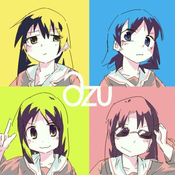 Rule 34 | 4girls, :3, adjusting eyewear, album cover, album cover redraw, azumanga daioh's school uniform, azumanga daiou, black hair, blue eyes, blur (band), closed eyes, closed mouth, collarbone, copyright name, cover, derivative work, expressionless, glasses, hand up, highres, jitome, kasuga ayumu, long hair, mizuhara koyomi, multiple girls, parody, sakaki (azumanga daioh), school uniform, short hair, suikatabetaiii, takino tomo, tinted eyewear, upper body, v, yellow eyes