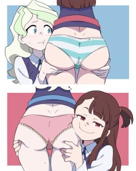 2girls ass ass_focus ass_support asymmetrical_bangs blue_eyes blue_vest blush brown_hair cheek_press diana_cavendish dimples_of_venus girlfriend_booty_(meme) green_hair hands_on_another's_ass highres infd_d kagari_atsuko little_witch_academia long_hair looking_at_ass looking_at_viewer luna_nova_school_uniform meme multiple_girls no_pants panties pink_panties ponytail school_uniform shirt short_ponytail smile spreading_another's_ass striped_clothes striped_panties sweat two-tone_panties underwear vest white_panties white_shirt wing_collar