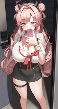 1girl absurdres black_hairband black_horns black_skirt blue_archive blush bracelet breasts cellphone cleavage collarbone commentary door double_bun fake_horns fang fingernails gyaru hair_bun hairband hatae0226_(hty) high-waist_skirt highres holding holding_phone horn_hairband horns huge_breasts jewelry kirara_(blue_archive) large_breasts long_hair nail_polish neck_ribbon open_mouth phone pink_eyes pink_hair pink_nails rain red_ribbon ribbon school_uniform shirt short_sleeves skin_fang skirt smartphone smile solo thigh_strap thighs two_side_up wet wet_clothes wet_shirt white_shirt