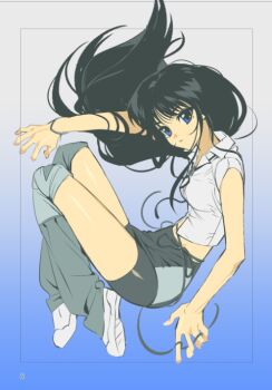 Rule 34 | 1girl, 2000s (style), black hair, blue eyes, commentary, full body, long hair, looking at viewer, loose socks, original, shorts, socks, solo, untranslatable commentary, yang gallae