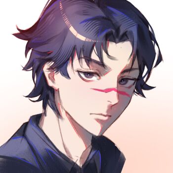 Rule 34 | 1boy, absurdres, black hair, black shirt, chainsaw man, collared shirt, gradient background, grey eyes, highres, kozzzy, kurose yuutarou, looking at viewer, portrait, scar, scar on face, scar on nose, shirt, short hair, simple background, solo, white background