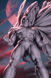 Rule 34 | 1boy, belt, bodysuit, boots, cape, clenched hands, cloud, full moon, gloves, highres, hood, hooded cape, looking at viewer, marvel, moon, moon knight, outdoors, solo, standing, white belt, white bodysuit, white cape, white footwear, white gloves, white hood, white mask, yoon junggeun