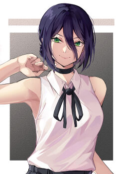 1girl absurdres black_choker black_ribbon blue_hair chainsaw_man choker chwigeusa closed_mouth green_eyes grenade_pin hair_between_eyes highres neck_ribbon reze_(chainsaw_man) ribbon shirt shirt_tucked_in sleeveless sleeveless_shirt smile solo white_shirt