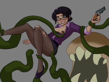 1girl black_hair clothes_lift embarrassed glasses miss_pauling skirt skirt_lift team_fortress_2
