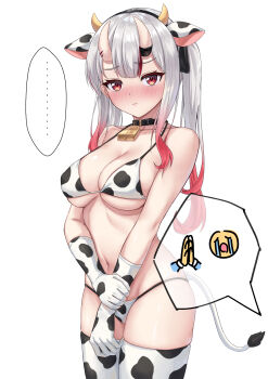 1girl 1other absurdres alternate_costume animal_ears animal_print bell bikini blush breasts choker closed_mouth cow_horns cow_print cow_print_bikini cow_tail crying_emoji emoji fake_animal_ears fake_horns hair_between_eyes hair_between_horns highres hololive horns leeshin0919 long_hair looking_at_viewer multicolored_hair nakiri_ayame neck_bell oni pantyhose print_bikini red_eyes red_hair simple_background speech_bubble swimsuit tail twintails virtual_youtuber white_hair