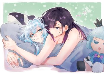 2girls bite_mark bite_mark_on_shoulder blue_eyes blue_hair cerydra_(honkai:_star_rail) character_doll closed_mouth commentary cuddling doll honkai:_star_rail honkai_(series) hysilens_(honkai:_star_rail) jewelry long_hair maobing0519 multiple_girls nude purple_hair ring scales stuffed_whale symbol-only_commentary under_covers yuri