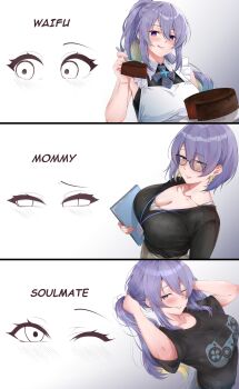1girl absurdres alternate_breast_size_(larger) apron blush breasts cake cake_slice chocolate_cake commentary english_commentary feeding_viewer folder food glasses hand_in_own_hair highres holding holding_cake holding_food hololive hololive_indonesia horisu_(kholiskun) huge_breasts id_card large_breasts licking_lips long_hair looking_at_viewer looking_back low_twintails maid maid_apron moona_hoshinova multicolored_eyes multicolored_hair multiple_girls office_lady open_mouth purple_eyes purple_hair shirt short_hair simple_background sleeveless smile sweat sweatdrop tongue tongue_out twintails virtual_youtuber