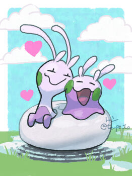 =_= absurdres blue_sky cheek-to-cheek closed_eyes closed_mouth commentary_request day full_body gen_6_pokemon goomy grass heads_together heart highres hisuian_sliggoo nintendo no_humans open_mouth outdoors pokemon pokemon_(creature) pokemon_focus puddle shell sky smile tepetom_(77hhaarruu) water