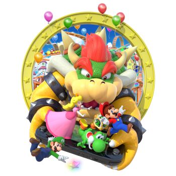 1girl 3d absurdres balloon blonde_hair blue_eyes blue_overalls bowser brown_hair castle crown dice dress elbow_gloves game_console gloves green_headwear hat highres horns luigi mario mario_(series) mario_party mini_crown multiple_boys nintendo official_art overalls pink_dress princess_peach puffy_short_sleeves puffy_sleeves red_eyes red_headwear roller_coaster scales short_sleeves shy_guy star_(symbol) super_mario_bros._1 white_gloves wiggler wii_u yoshi