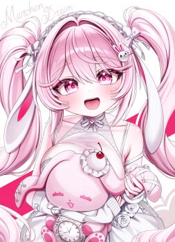 1girl absurdres alice_(marchen_dream)_(nikke) alice_(nikke) animal_ears arm_warmers bare_shoulders bow breasts cherry choker dasom dress flower food fruit garter_straps goddess_of_victory:_nikke hair_between_eyes hair_ornament hairband heart heart_choker highres holding holding_stuffed_toy large_breasts long_hair looking_at_viewer official_alternate_costume open_mouth pink_eyes pink_hair pocket_watch rabbit_ears rabbit_hair_ornament rose see-through_cleavage see-through_clothes simple_background sleeveless sleeveless_dress smile stuffed_animal stuffed_rabbit stuffed_toy teeth twintails upper_teeth_only watch white_arm_warmers white_bow white_dress white_flower white_garter_straps white_hairband white_rose