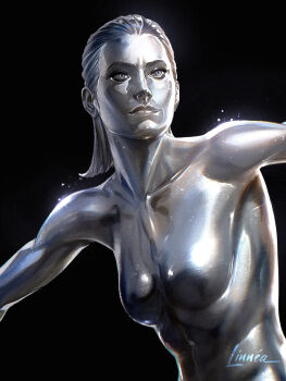 1girl artist_name black_background breasts fantastic_four marvel medium_hair metal_hair metal_skin papurrcat parted_lips silver_surfer_(shalla-bal) simple_background small_breasts solo the_fantastic_four:_first_steps