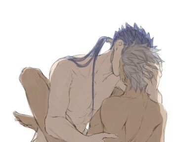 2boys anal archer_(fate) barefoot black_hair blue_hair collarbone commentary_request cu_chulainn_(fate) cu_chulainn_(lancer)_(fate) earrings fate/stay_night fate_(series) hand_on_another&#039;s_head hug jewelry kiss leg_lock male_focus male_penetrated mondi_hl multiple_boys muscular nude ponytail sex short_hair simple_background sitting white_background yaoi