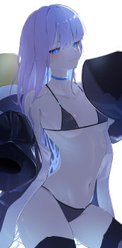 1girl animal_hood bare_shoulders bikini black_bikini black_jacket blue_eyes blush breasts choker fate/grand_order fate_(series) highres hood hooded_jacket jacket long_hair long_sleeves looking_at_viewer meltryllis meltryllis_(fate) meltryllis_(swimsuit_lancer)_(fate) meltryllis_(swimsuit_lancer)_(first_ascension)_(fate) off_shoulder penguin_hood prosthesis prosthetic_leg purple_hair sleeves_past_fingers sleeves_past_wrists small_breasts smile solo swimsuit thighs umi_endu very_long_hair