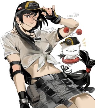 1girl 4k1030 baseball_cap belt bikini bikini_under_clothes black_bikini black_hair breasts character_name closed_mouth cowboy_shot denim elbow_pads final_fantasy final_fantasy_vii final_fantasy_vii:_ever_crisis fingerless_gloves frayed_skirt gloves grey_skirt hat hat_tip highres long_hair looking_at_viewer low-tied_long_hair medium_breasts midriff miniskirt moogle navel official_alternate_costume one_eye_closed red_eyes see-through_clothes see-through_shirt shirt short_sleeves side-tie_bikini_bottom simple_background single_elbow_pad skirt star_(symbol) swimsuit tied_shirt tifa_lockhart tifa_lockhart_(lifeguard) twitter_username very_long_hair whistle whistle_around_neck white_background white_shirt