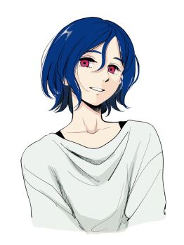 1boy blue_hair gundam gundam_gquuuuuux looking_at_viewer male_focus open_mouth red_eyes shirt short_hair shuji_ito simple_background smile solo upper_body washijayowashi0 white_background white_shirt