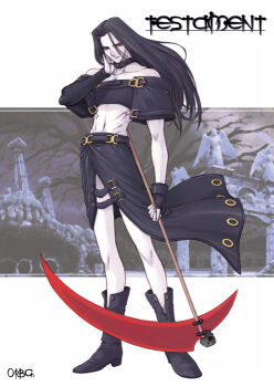 androgynous ankle_boots arc_system_works bare_shoulders bare_tree belt belt_buckle black_belt black_boots black_choker black_gloves black_hair black_skirt black_tube_top boots buckle choker closed_mouth collarbone colored_skin commentary_request fingerless_gloves full_body gloves gold_buckle guilty_gear hair_intakes holding holding_scythe holding_weapon impasto korean_commentary long_hair medium_skirt midriff multiple_belts navel night night_sky nose orebalgum pale_skin parted_bangs parted_hair scythe skinny skirt skull_ornament sky solo straight_hair strapless testament_(guilty_gear) tree tube_top watermark weapon web_address white_skin