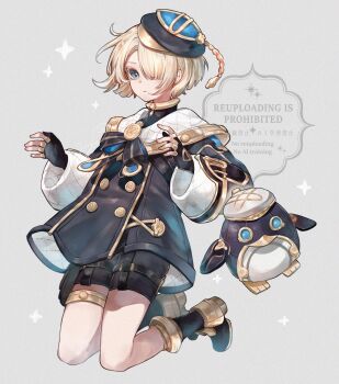 Rule 34 | 1boy, artist name, beret, black boots, black gloves, black hat, black jacket, black ribbon, black shirt, black shorts, blonde hair, blue eyes, boots, buttons, closed mouth, colored eyelashes, commentary request, double-breasted, expressionless, fingerless gloves, freminet (genshin impact), genshin impact, gloves, gold thighlet, gold trim, grey background, hair over one eye, hands up, hat, highres, jacket, jagabokkuru, jewelry, long sleeves, looking at viewer, male focus, non-humanoid robot, one eye covered, parted bangs, pers (genshin impact), pouch, puffy long sleeves, puffy sleeves, ribbon, robot, robot animal, shirt, short hair, short shorts, shorts, signature, simple background, solo, sparkle, thigh pouch, thighlet, watermark