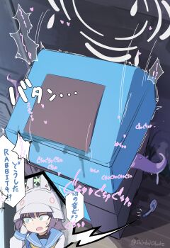 Rule 34 | absurdres, blue archive, blue serafuku, blush, combat helmet, commentary request, earpiece, grey halo, halo, hand to head, helmet, highres, implied tentacle sex, in container, in trash can, miyu (blue archive), neckerchief, no pupils, open mouth, rabbit platoon (blue archive), recycle bin, sailor collar, saki (blue archive), school uniform, serafuku, shinkaiobake, slime (substance), speech bubble, sweatdrop, tentacles, trash can, white helmet, yellow halo, yellow neckerchief