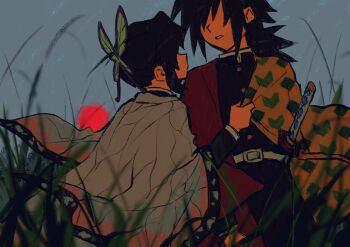 Rule 34 | 1boy, 1girl, belt, black hair, black jacket, black pants, blurry, blurry foreground, butterfly hair ornament, butterfly print haori, clothes pull, demon slayer uniform, grass, hair ornament, hair over eyes, half updo, haori, hashtag-only commentary, highres, jacket, jacket pull, japanese clothes, katana, kimetsu no yaiba, kochou shinobu, long hair, low ponytail, outdoors, pants, parted lips, ponytail, print haori, segven, sidelocks, sword, tomioka giyuu, upper body, weapon, white belt