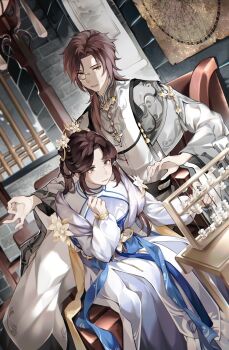 Rule 34 | 1boy, 1girl, abacus, absurdres, architecture, armchair, black sash, blue sash, braid, braided hair rings, brick wall, brown eyes, brown hair, capelet, chair, chinese clothes, chinese commentary, closed mouth, commentary request, curtained hair, dress, east asian architecture, feet out of frame, flower, flower ornament, gem, grey capelet, hair flower, hair ornament, hair over shoulder, hair rings, hand up, hanfu, hanging scroll, highres, hua yi shanxin zhiyue, long hair, long sleeves, looking at object, looking to the side, map (object), math, medium hair, money gesture, official alternate costume, parted bangs, parted lips, purple dress, purple hanfu, purple shawl, robe, sash, scroll, shawl, sitting, star map, swept bangs, table, the princess (hua yi shanxin zhiyue), twintails, two-tone dress, waist sash, wangulongdong, wavy mouth, wen siyu, white dress, white flower, white hanfu, white robe, wide sleeves, window, yellow eyes, yellow gemstone