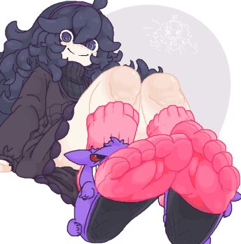 1girl @_@ ahoge commentary dress english_commentary feet foot_focus gen_1_pokemon gengar hairband hex_maniac_(pokemon) hex_maniac_(pokemon_xy) long_hair moppynoko nintendo pokemon pokemon_xy purple_dress purple_eyes purple_hair purple_hairband red_eyes slippers smile teeth toes turtleneck two-tone_background very_long_hair
