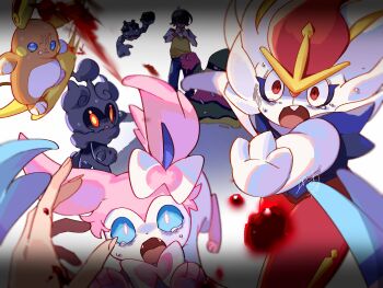 absurdres animal_ears blood blood_splatter blue_eyes bow cinderace gen_1_pokemon gen_6_pokemon gen_8_pokemon geodude highres nintendo open_mouth panicking pariparihosiimo pokemon pokemon_(creature) pov raichu red_eyes short_hair sweat sylveon tagme tail tears
