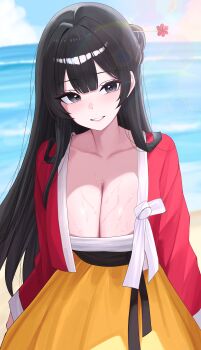 1girl absurdres beach black_eyes black_hair blue_sky blunt_bangs breasts chest_sarashi chima_(clothes) cleavage cloud collarbone commentary_request crop_top crop_top_overhang day double-parted_bangs hair_ornament hair_stick hanbok head_tilt high-waist_skirt highres jeogori_(clothes) korean_clothes korean_commentary large_breasts lens_flare long_hair long_skirt long_sleeves looking_at_viewer novelpia ocean open_clothes outdoors parted_lips sarashi second-party_source sei_(0724sei6) sidelocks skirt sky sleeves_past_wrists smile solo standing sunlight very_long_hair waves wet yellow_skirt