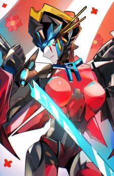 1girl airplane_wing beam_weapon blue_eyes breasts energy_sword geisha highres holding_beam_saber humanoid_robot lemon_ms1 mechanical_wings medium_breasts metal_skin robot robot_girl sword the_transformers_(idw) transformers weapon windblade wings