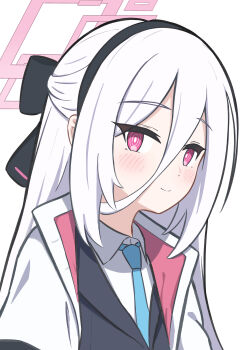 1girl absurdres black_bow black_hairband blue_archive blue_necktie blush bow bright_pupils closed_mouth collared_shirt commentary_request double-parted_bangs godondondodon hair_between_eyes hair_bow hairband half_updo halo highres jacket kei_(blue_archive) kei_(new_body)_(blue_archive) long_hair long_hair_between_eyes looking_at_viewer necktie open_clothes open_jacket pink_halo rectangular_halo red_eyes ringed_eyes school_uniform shirt sidelocks simple_background smile solo straight_hair upper_body white_background white_hair white_jacket white_pupils white_shirt