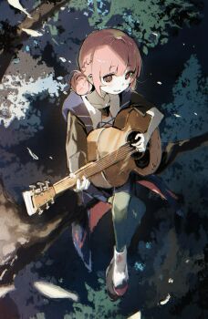 1girl acoustic_guitar braid collarbone crown_braid double_bun falling_petals guitar hair_bun highres in_tree instrument kaf_(kamitsubaki_studio) kamitsubaki_studio music outdoors pantyhose petals pink_hair playing_guitar playing_instrument saa_is_sa shoes sitting solo tree white_shoes