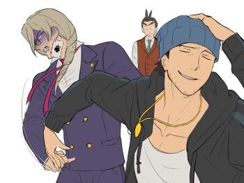 3boys ace_attorney angry apollo_justice apollo_justice:_ace_attorney black_jacket blonde_hair card casual closed_eyes collar guizhidao777629 hand_on_own_head hashtag-only_commentary hat highres jacket kristoph_gavin male_focus meme multiple_boys naoya_hitting_choso_without_looking_(meme) open_clothes open_jacket phoenix_wright poker smirk