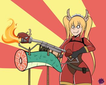Rule 34 | absurdres, blonde hair, cosplay, crossover, dragon, dragon girl, dragon horns, dragon tail, fangs, fire, flamethrower, frank araya, gloves, gradient hair, highres, holding flamethrower, holding weapon, horns, kobayashi-san chi no maidragon, long hair, maid headdress, multicolored hair, orange hair, pyro (tf2), red pyro (tf2), tail, team fortress 2, the pyro (cosplay), tohru (maidragon), twintails, weapon