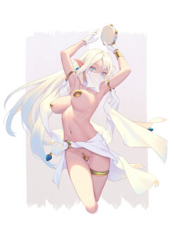 1girl armlet arms_up bigrbear blue_eyes bouncing_breasts bracelet breasts choker cropped_legs dancer earrings gloves highres holding holding_instrument instrument jewelry long_hair looking_at_viewer medium_breasts mouth_veil navel original pasties pointy_ears revealing_clothes sarong simple_background solo tambourine thighlet veil white_choker white_gloves white_hair
