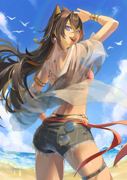 2girls :d absurdres armlet beach bibi_(obb_spl) bikini bikini_under_clothes bird black_bikini black_hair blonde_hair blue_eyes blue_sky bracelet breasts candace_(genshin_impact) cloud commentary_request criss-cross_halter crossed_bangs cutoffs dark-skinned_female dark_skin dehya_(genshin_impact) denim denim_shorts earrings eyewear_in_pocket floating_earrings floating_hair from_behind genshin_impact hair_between_eyes hair_ears hair_intakes halterneck hand_up highres jewelry large_breasts long_hair looking_at_viewer multicolored_hair multiple_girls necklace o-ring o-ring_bottom off_shoulder open_mouth outdoors red_bikini revision round_eyewear seabird seagull see-through_clothes see-through_shirt shirt short_shorts shorts single_bare_shoulder single_earring sky smile solo_focus sparkle streaked_hair swimsuit teeth thigh_strap thighs toned two-tone_hair upper_teeth_only water yellow_pupils