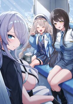 3girls :d black_corset black_hair black_jacket blue_corset blue_eyes blue_jacket blue_necktie blue_skirt blue_vest blush booth_seating braid breasts brid_(nikke) brid_(silent_track)_(nikke) chest_harness closed_eyes closed_mouth coffee_mug collared_shirt commentary commentary_request corset cup diesel_(nikke) diesel_(winter_sweets)_(nikke) earrings flat_chest gloves goddess_of_victory:_nikke hair_between_eyes hair_over_one_eye half_gloves harness hat highres holding holding_cup indoors jacket jacket_on_shoulders jewelry large_breasts long_hair looking_at_viewer miniskirt mug multiple_girls necktie open_mouth pants plaid_clothes plaid_necktie pleated_skirt shadow shirt shupita sideboob sideless_shirt sidelocks signature sitting skirt smile snow soline_(frost_ticket)_(nikke) soline_(nikke) split-color_clothes suspenders symbol-only_commentary teeth thigh_strap tight_clothes tight_pants train_interior tree twintails upper_teeth_only v vest white_hair white_hat white_pants white_shirt window yellow_eyes