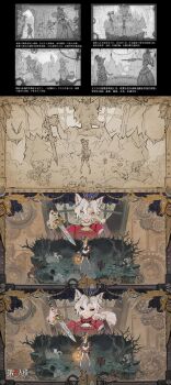 2girls absurdres animal_ears anne_lester anne_lester_(paper_wings) ascot axe bare_tree belt belt_pouch black_flower black_rose blue_eyes blue_hat blue_jacket boots border braid brown_background brown_belt brown_shorts bush chain chinese_commentary copyright_logo copyright_notice corset covering_own_mouth curtained_hair dagger dress eyeshadow feather_hair_ornament feathered_wings feathers fingernails flower forest fox fox_ears fox_tail frilled_sleeves frills full_body full_moon gears goggles goggles_on_headwear grass hair_between_eyes hair_flower hair_ornament hat head_rest highres holding holding_dagger holding_knife holding_lantern holding_weapon identity_v industrial_pipe jacket juliet_sleeves knife lantern logo long_fingernails long_hair long_hair_between_eyes long_sleeves looking_at_another looking_to_the_side makeup making-of mary_(archduchess)_(identity_v) mary_(identity_v) moon multiple_girls nature neck_ruff nervous official_art orange_hair ornate_border pale_skin parted_bangs path pigeon-toed pink_eyeshadow pink_lips plant planted planted_axe pointing_melee_weapon portrait pouch puffy_shorts puffy_sleeves red_corset red_dress red_nails reverse_grip road rock rose sharp_fingernails shirt short_eyebrows short_hair shorts sign size_difference smile solid_eyes squirrel_ears squirrel_girl squirrel_tail standing steampunk striped_clothes striped_headwear striped_shorts tail thigh_boots thorns tilted_headwear top_hat tree tree_stump twin_braids variations vertical-striped_clothes vertical-striped_headwear vertical-striped_shorts vines weapon white_ascot white_boots white_flower white_hair white_rose white_shirt window wings yuburitian