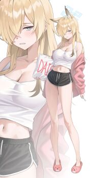 1girl absurdres alter_(kxk7357) alternate_costume animal_ears bare_shoulders black_shorts blonde_hair blue_archive blue_eyes breasts commentary_request crop_top dog_ears dolphin_shorts full_body hair_over_one_eye halo highres holding holding_pillow holding_toothbrush kanna_(blue_archive) large_breasts light_blush long_hair looking_at_viewer midriff navel off_shoulder one_eye_covered pillow pink_slippers sharp_teeth short_shorts shorts slippers solo tank_top teeth toothbrush white_tank_top zoom_layer