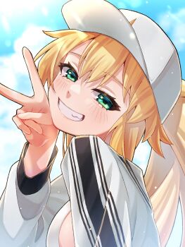 1girl artoria_caster_(fate) artoria_caster_(swimsuit_berserker)_(first_ascension)_(fate) artoria_pendragon_(fate) baseball_cap bikini blonde_hair blue_sky blush breasts commentary_request fate/grand_order fate_(series) green_eyes grin hat highres long_hair long_sleeves looking_at_viewer medium_breasts shrug_(clothing) sky smile solo swimsuit twintails v white_bikini white_hat white_shrug yotaaaaka