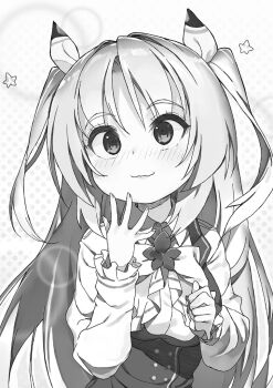 1girl ascot blush breasts buta_koushaku charlotte_lily_hughjack closed_mouth collared_shirt greyscale hair_ribbon hand_up lips long_hair long_sleeves medium_breasts monochrome nauribon novel_illustration official_art open_hand ribbon school_uniform shirt smile solo spread_fingers standing star_(symbol) third-party_source two_side_up upper_body very_long_hair vest wavy_mouth