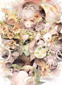 Rule 34 | 1girl, absurdres, animal, bird, braid, brown hair, brown hat, brown shorts, cowboy shot, dated, eyelashes, flower, green ribbon, hair flower, hair intakes, hair ornament, hairpin, happy birthday, hat, highres, leaf, long hair, long sleeves, mole, mole under eye, mole under mouth, open mouth, original, paint, paint palette, paint tube, ribbon, shorts, sidelocks, solo, stuffed animal, stuffed rabbit, stuffed toy, sunflower, too many watermarks, watermark, white bird, xingchunxiang, yellow eyes