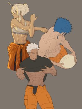 1girl 2boys abs ahoge alternate_hair_length alternate_hairstyle archer_(fate) black_male_underwear blonde_hair blue_eyes breasts cargo_pants closed_eyes clothes_around_waist clothes_lift commentary cross-body_stretch cu_chulainn_(fate) dark-skinned_female dark-skinned_male dark_skin earrings english_commentary fate/stay_night fate_(series) grey_sports_bra hair_bun hair_over_eyes highres jewelry male_underwear medium_breasts multiple_boys muscular muscular_male navel open_fly orange_pants original pants shirt_lift single_hair_bun sports_bra suhyeon sweatdrop sweater sweater_around_waist toned toned_female topless_male underwear unfinished white_hair